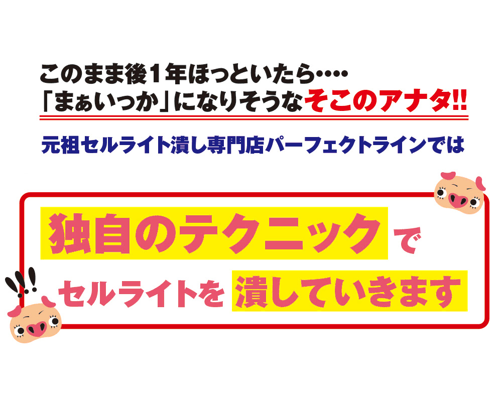 元祖セルライト潰し専門店パーフェクトラインでは痩せたい時に痩せれます。欲しいとこだけ残していらない所を削ります!!!